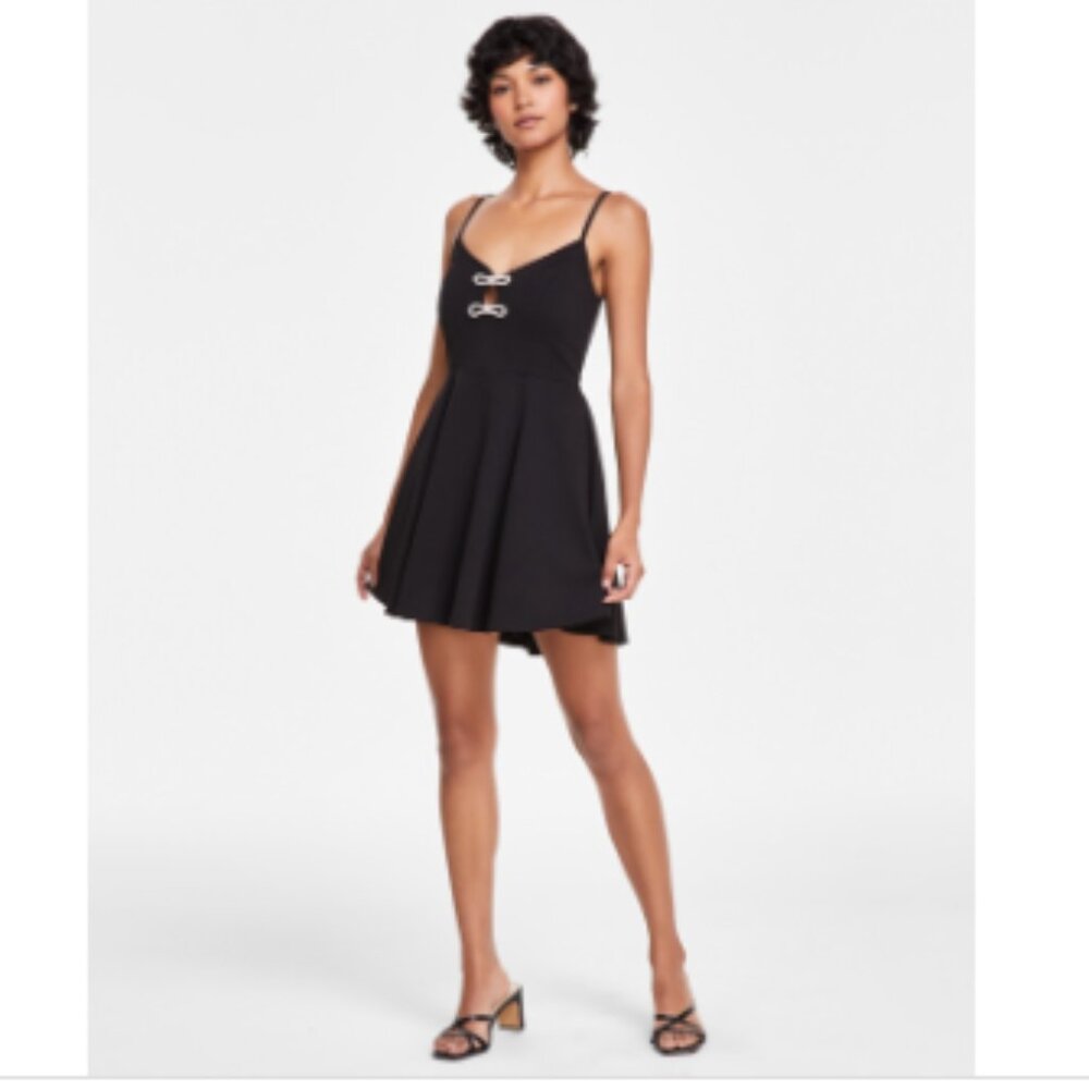 City Studios Juniors' Rhinestone Bow-Trim Cutout Dress - Black